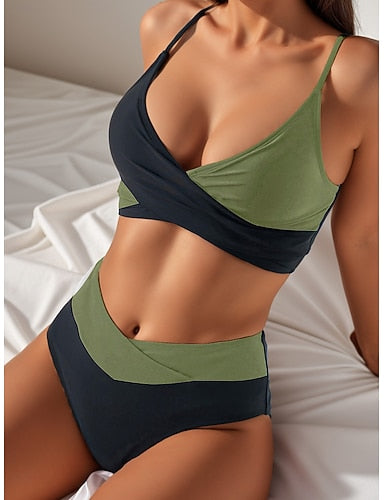 Bikini 2 Piece Swimsuit Ruched Colorblock Cheeky Tummy Control High Waist Slim Backless Vacation Beach Wear Color V Neck Sleeveless Bathing Suits