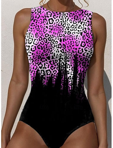 One Piece Swimsuit Slimming Monokini Briefs Tummy Control High Waist Slim Backless Vacation Beach Wear Ombre Graphic Round Neck Sleeveless Bathing Suits
