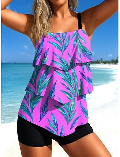 Tankini 2 Piece Swimsuit Palm High Waist Ruffle Layered Backless Vacation Beach Wear Ombre Graphic U Neck Sleeveless Bathing Suits