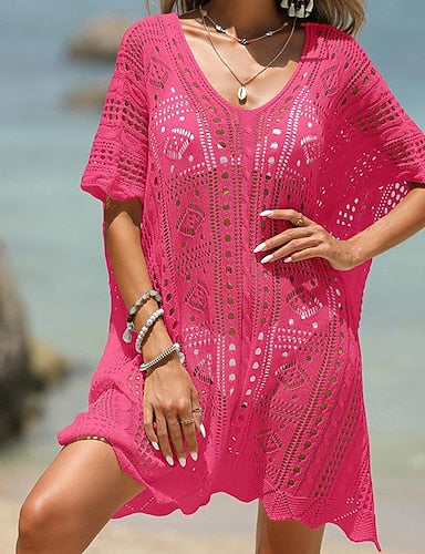 Swimwear Cover Up Swim Dress Swimsuit Crochet Vacation Beach Wear Color V Neck Short Sleeves Bathing Suits