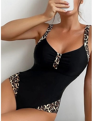 One Piece Swimsuit Slimming Underwire Colorblock Leopard Monokini Tummy Control High Waist Slim Backless Vacation Beach Wear V Neck Sleeveless Bathing Suits