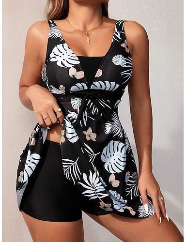 Swimwear Tankini 2 Piece Shorts Swimsuit Backless Vacation Beach Wear Graphic V Neck Sleeveless Bathing Suits