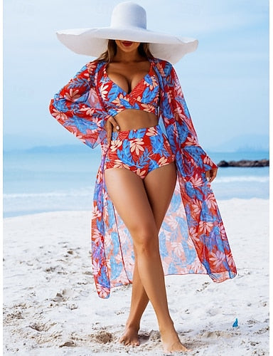 Bikini 3 Piece Swimsuit Palm Cheeky Slim Backless Vacation Beach Wear Leaves V Neck Sleeveless Bathing Suits