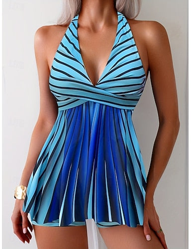 Tankini 2 Piece Swimsuit Boy Leg Halter Tummy Control High Waist Slim Backless Vacation Beach Wear Ombre Stripe Halter Neck Sleeveless Bathing Suits