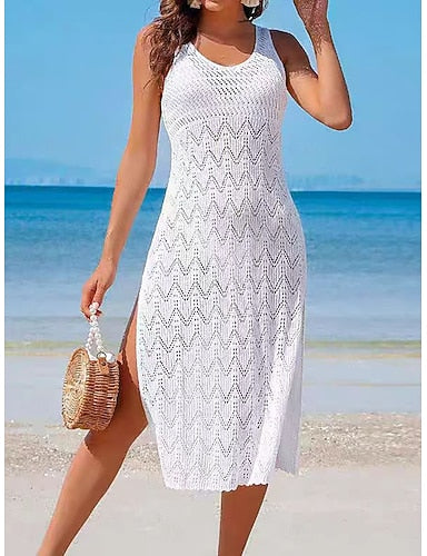Swimwear Cover Up Swim Dress Dress Swimsuit Cutout Ruched Knit Vacation Beach Wear Plain Scoop Neck Sleeveless Bathing Suits