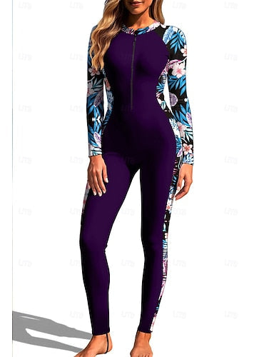 Rash Guard Full Body Rash Guard One Piece Surfing Suit Tropical Zip Up With Built in Bra Front Zip Uv Sun Protection Full Coverage Upf50+ Long Sleeve Full Body Swimwear Bodysuit