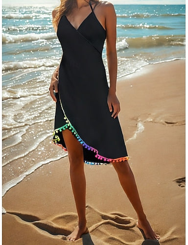 Swimwear Cover Up Swimdresses Dress Swimsuit Ruched Backless Vacation Beach Wear Color V Neck Sleeveless Bathing Suits