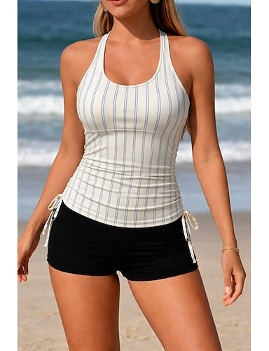 Swimwear Tankini 2 Piece Shorts Swimsuit Tummy Control High Waist Slim Backless Vacation Beach Wear Striped U Neck Sleeveless Bathing Suits