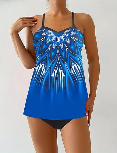 Swimwear 2 Piece Cheeky Swimsuit Backless Vacation Beach Wear Graphic Round Neck Sleeveless Bathing Suits