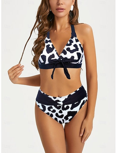 Swimwear 2 Piece Shorts Swimsuit Backless Geometrical Vacation Beach Wear Graphic Plunge Sleeveless Bathing Suits