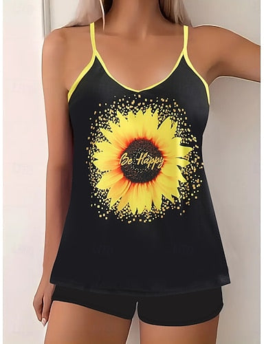 Tankini 2 Piece Swimsuit Palm Boy Leg Tummy Control High Waist Slim Backless Vacation Beach Wear Sunflower V Neck Sleeveless Bathing Suits