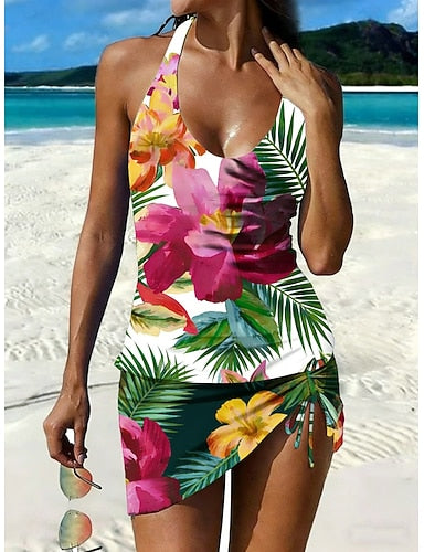 Swimwear Tankini 2 Piece Skirt Swimsuit Drawstring Vacation Scoop Neck Sleeveless Bathing Suits