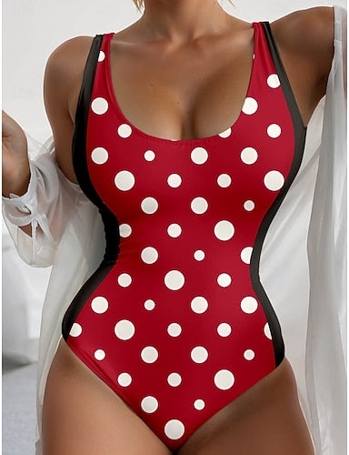 One Piece Swimsuit Slimming Colorblock Monokini Backless Tummy Control High Waist Slim Vacation Polka Dot Dot U Neck Sleeveless Bathing Suits