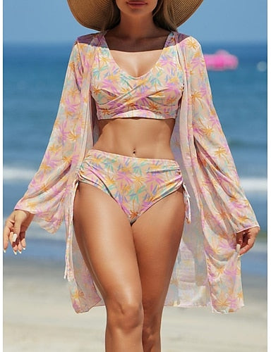 Bikini 3 Piece Swimsuit Palm Cheeky Slim Backless Vacation Beach Wear V Neck Sleeveless Bathing Suits