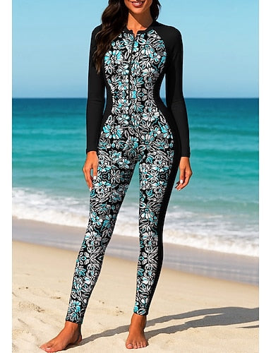 Rash Guard Full Body Rash Guard One Piece Surfing Suit Tropical Color-blocking Zip Up With Built in Bra Front Zip Uv Sun Protection Full Coverage Upf50+ Long Sleeve Full Body Swimwear
