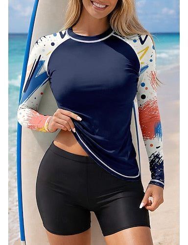 Rash Guard Swimsuit Rash Guard Tankini Swimsuits Abstract Color-blocking 2 Piece Removable Pad Boyleg Uv Sun Protection Upf50+ Elastic Long Sleeve Swimwear Sun Shirt Surfing Canoeing Water