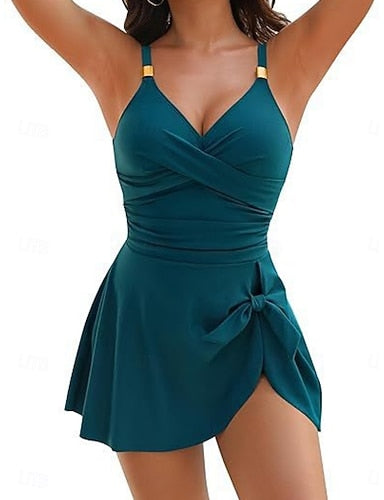 One Piece Swimsuit Ruched With Skirt Monokini Skirt Tummy Control High Waist Slim Backless Vacation Beach Wear Color V Neck Sleeveless Bathing Suits
