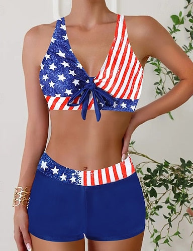 Swimwear 2 Piece Briefs Swimsuit Backless Vacation Beach Wear Flag V Neck Sleeveless Bathing Suits