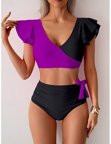 Bikini 2 Piece Swimsuit Colorblock Briefs Slim Backless Vacation Beach Wear Color Block V Neck Sleeveless Short Sleeves Bathing Suits
