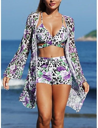Bikini 3 Piece Swimsuit Shorts Slim Backless Vacation Beach Wear V Neck Sleeveless Bathing Suits