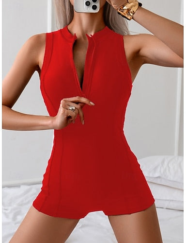 Swimwear One Piece Monokini Swimsuit Zip Up Tummy Control High Waist Slim Vacation Sports Color High Neck Sleeveless Bathing Suits