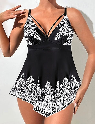 Swimwear Bikini 2 Piece Cheeky Swimsuit Backless Vacation Beach Wear Graphic V Neck Sleeveless Bathing Suits