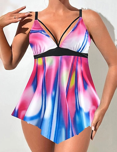 Swimwear Bikini 2 Piece Cheeky Swimsuit Backless Vacation Beach Wear Graphic V Neck Sleeveless Bathing Suits