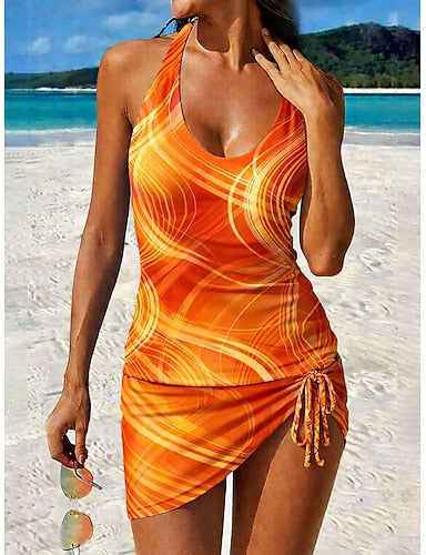 Swimwear Tankini Skirt Swimsuit Drawstring Vacation Graphic Geometic V Neck Sleeveless Bathing Suits