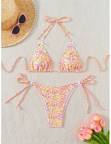 Swimwear Bikini 2 Piece Thong Swimsuit Slim Backless Vacation Beach Wear Halter Neck Sleeveless Bathing Suits
