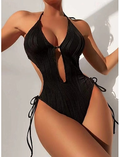 One Piece Swimsuit Cutout Underwire Monokini Tummy Control High Waist Slim Backless Vacation Beach Wear Color Halter Neck Sleeveless Bathing Suits