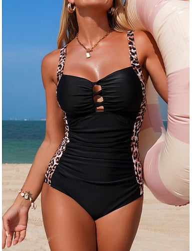 Swimwear One Piece Monokini Swimsuit Tummy Control High Waist Slim Backless Vacation Beach Wear Color Leopard V Neck Sleeveless Bathing Suits