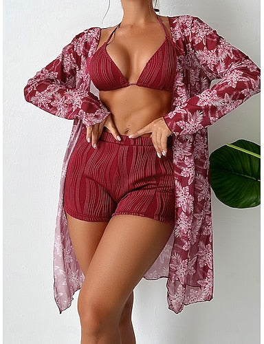 Bikini 3 Piece Swimsuit Palm Shorts Tummy Control High Waist Slim Backless Vacation Beach Wear Halter Neck Sleeveless Bathing Suits