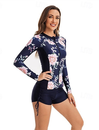 Rash Guard Swimsuit 2 Piece Front Zip Spandex Uv Sun Protection Upf50+ Quick Dry Long Sleeve Swimwear Swimsuit Surfing Beach Water Sports Summer