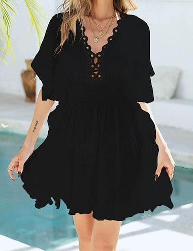 Swimwear Cover Up Swim Dress Dress Swimsuit Cut Out Vacation Beach Wear Color V Neck Short Sleeves Bathing Suits