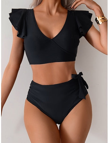 Bikini 2 Piece Swimsuit Colorblock Briefs Slim Backless Vacation Beach Wear Color Block V Neck Sleeveless Short Sleeves Bathing Suits