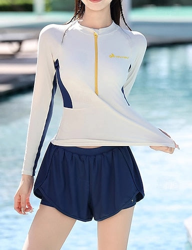 2 Piece Rash Guard Swim Shirt Swimwear Swimwear White Blue Upf 50+ Tummy Control Surfing Canoeing Snorkeling Summer