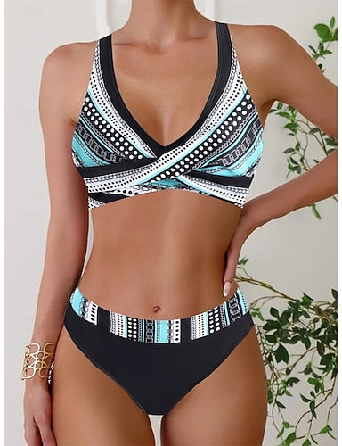 Swimwear Bikini 2 Piece Cheeky Swimsuit Backless Slim Vacation Beach Wear Color Block V Neck Sleeveless Bathing Suits