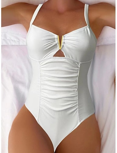 One Piece Swimsuit Slimming Ruched Cutout Underwire Monokini High Cut Tummy Control High Waist Slim Backless Vacation Color V Neck Sleeveless Bathing Suits