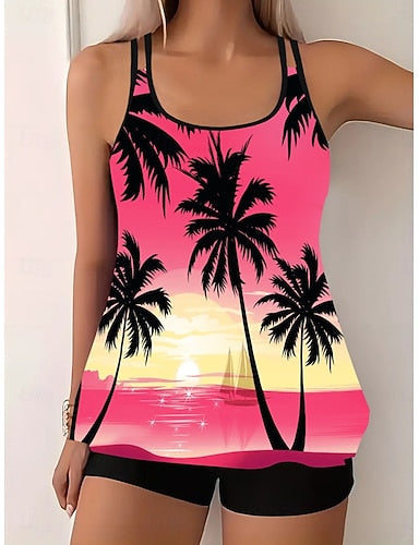 Tankini 2 Piece Swimsuit Palm Boy Leg Tummy Control High Waist Slim Backless Vacation Beach Wear Leaves U Neck Sleeveless Bathing Suits