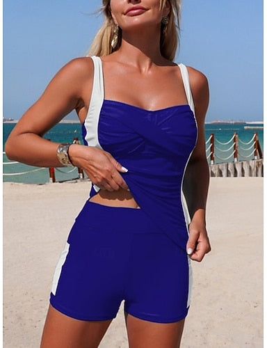 Swimwear Tankini 2 Piece Shorts Swimsuit High Waist Slim Backless Vacation Beach Wear Leopard Color Block V Neck Sleeveless Bathing Suits