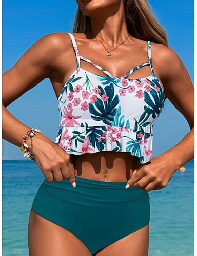 Swimwear Bikini 2 Piece High Waist Swimsuit High Waist Slim Backless Vacation Beach Wear Tropical V Neck Sleeveless Bathing Suits