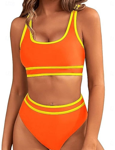 Bikini 2 Piece Swimsuit Colorblock High Waist Slim Backless Vacation Beach Wear Stripe V Neck Sleeveless Bathing Suits