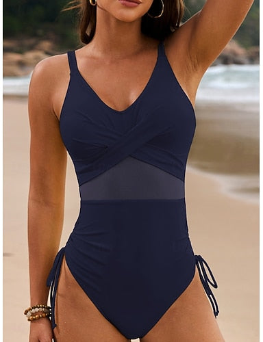 One Piece Swimsuit Slimming Ruched Cutout Monokini Mesh Tummy Control High Waist Slim Backless Vacation Beach Wear Color V Neck Sleeveless Bathing Suits