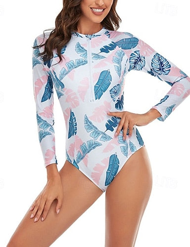 Rash Guard One Piece Swimsuit Printed Front Zip Quick Dry Lightweight Breathable Long Sleeve Bodysuit Bathing Suit Surfing Beach Water Sports Summer