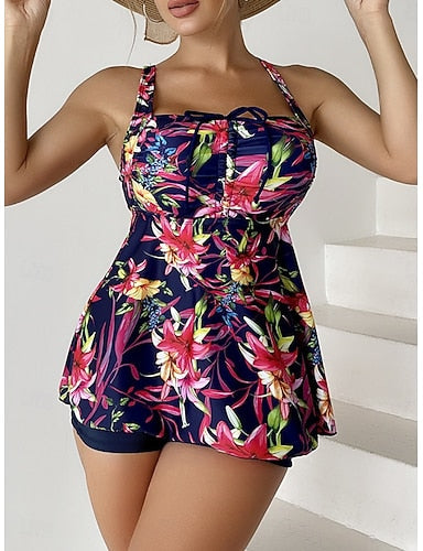 Tankini 2 Piece Swimsuit Shorts Tummy Control High Waist Slim Backless Vacation Beach Wear V Neck Sleeveless Bathing Suits