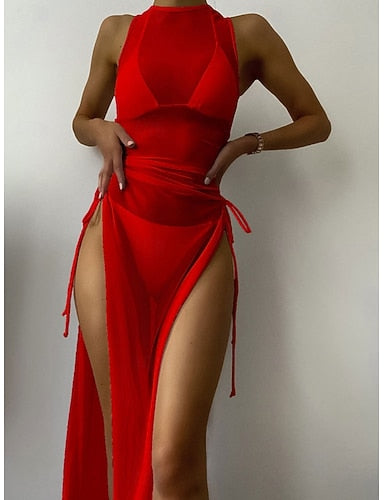 Swimwear Three Piece Swimsuit Ruched Backless Vacation Beach Wear Plain Halter Neck Sleeveless Bathing Suits