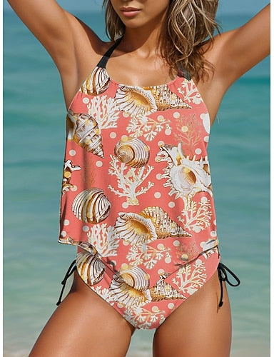 Tankini 2 Piece Swimsuit Cheeky Backless Vacation Beach Wear Graphic U Neck Sleeveless Bathing Suits