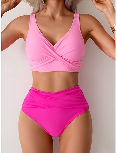 Swimwear Bikini 2 Piece Swimsuit Ruched Backless Vacation Beach Wear Plain V Neck Sleeveless Bathing Suits
