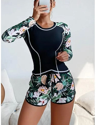 Tankini 2 Piece Swimsuit Palm Rash Guard Shorts Tummy Control High Waist Slim Backless Vacation Beach Wear Round Neck Long Sleeve Bathing Suits