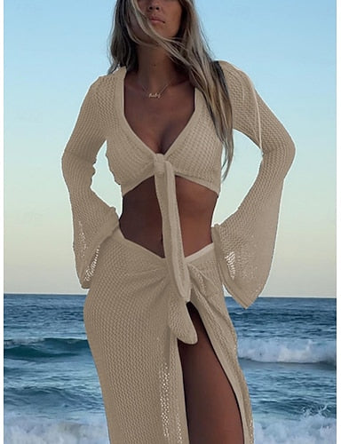 Cover Up 2 Piece Swimsuit Knitted Vacation Beach Wear Color V Neck Long Sleeve Bathing Suits